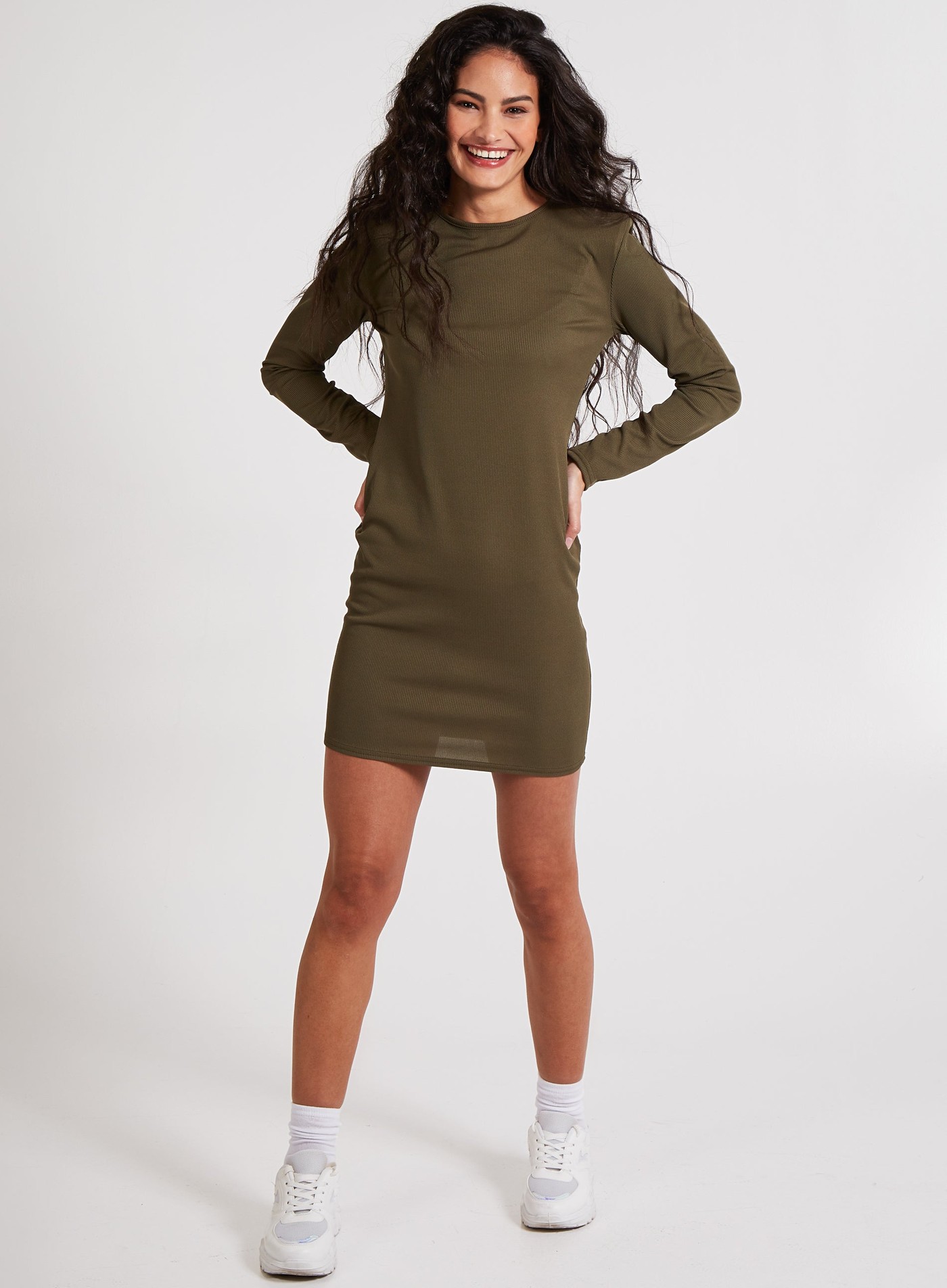 Ribbed Padded Shoulder Mini Dress