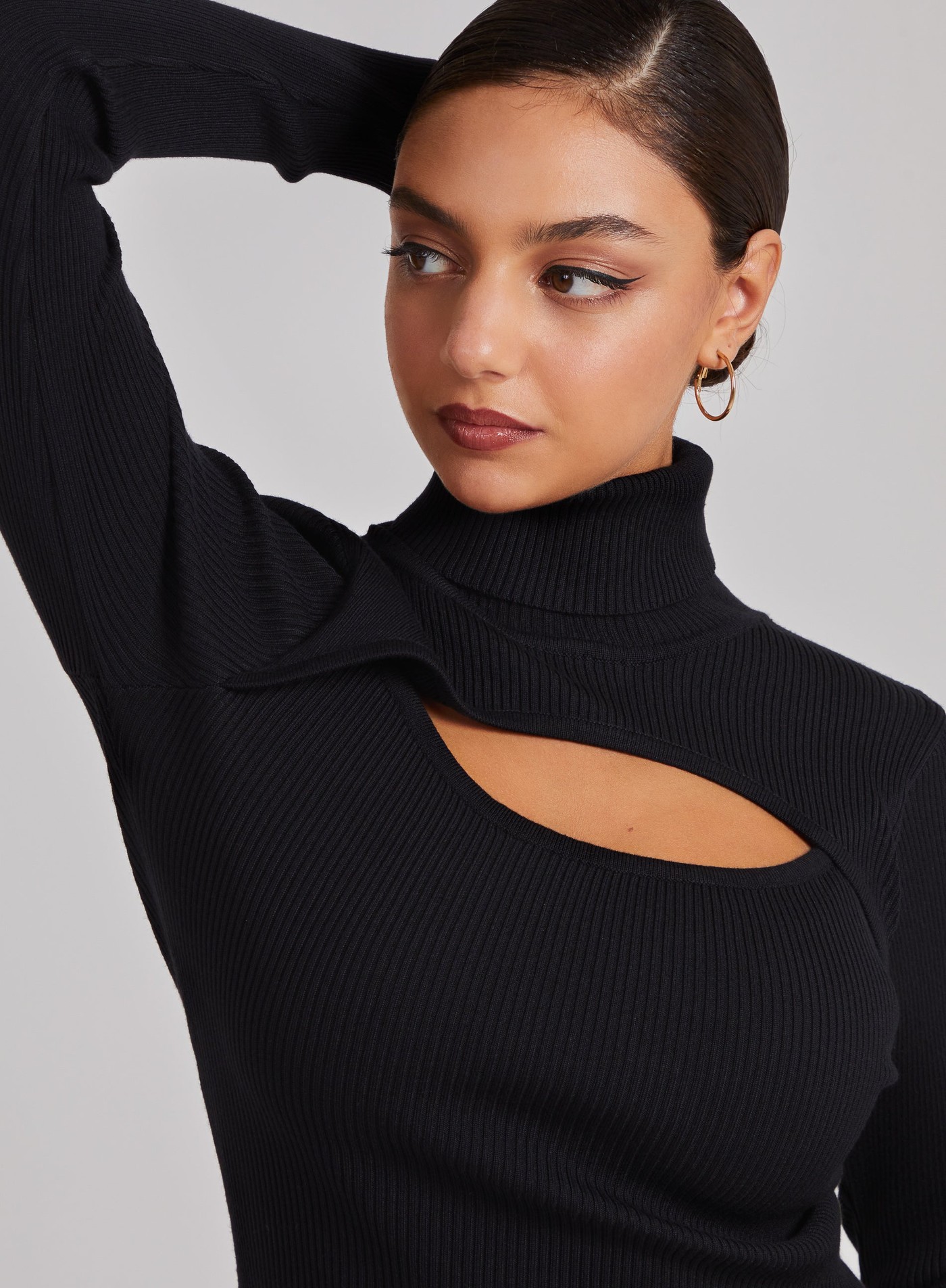 Ribbed Roll Neck Front Split Midi Dress view 3