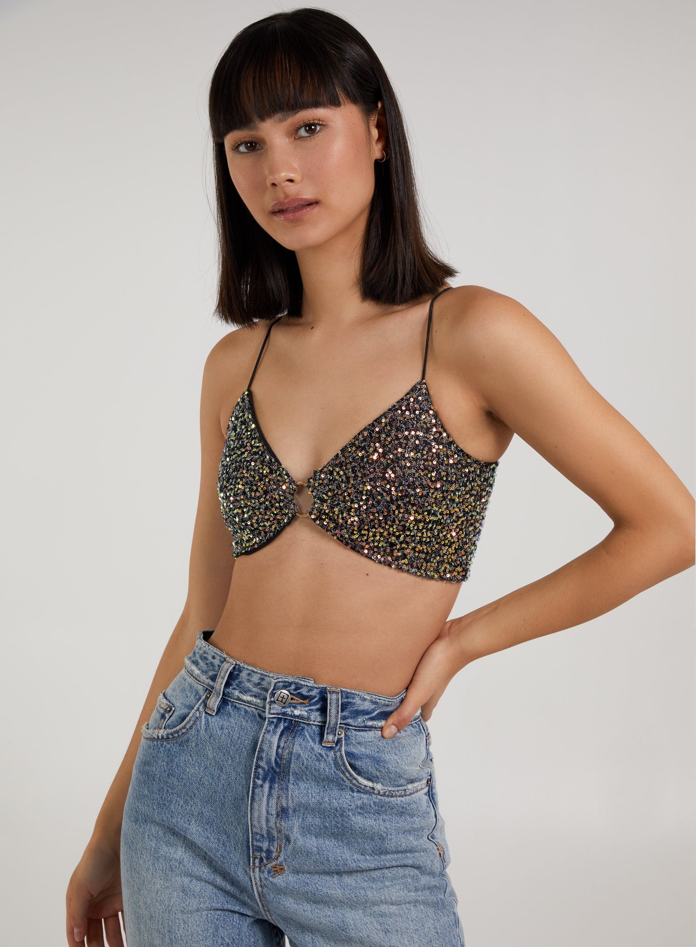 Sequin Ring Front Crop Top