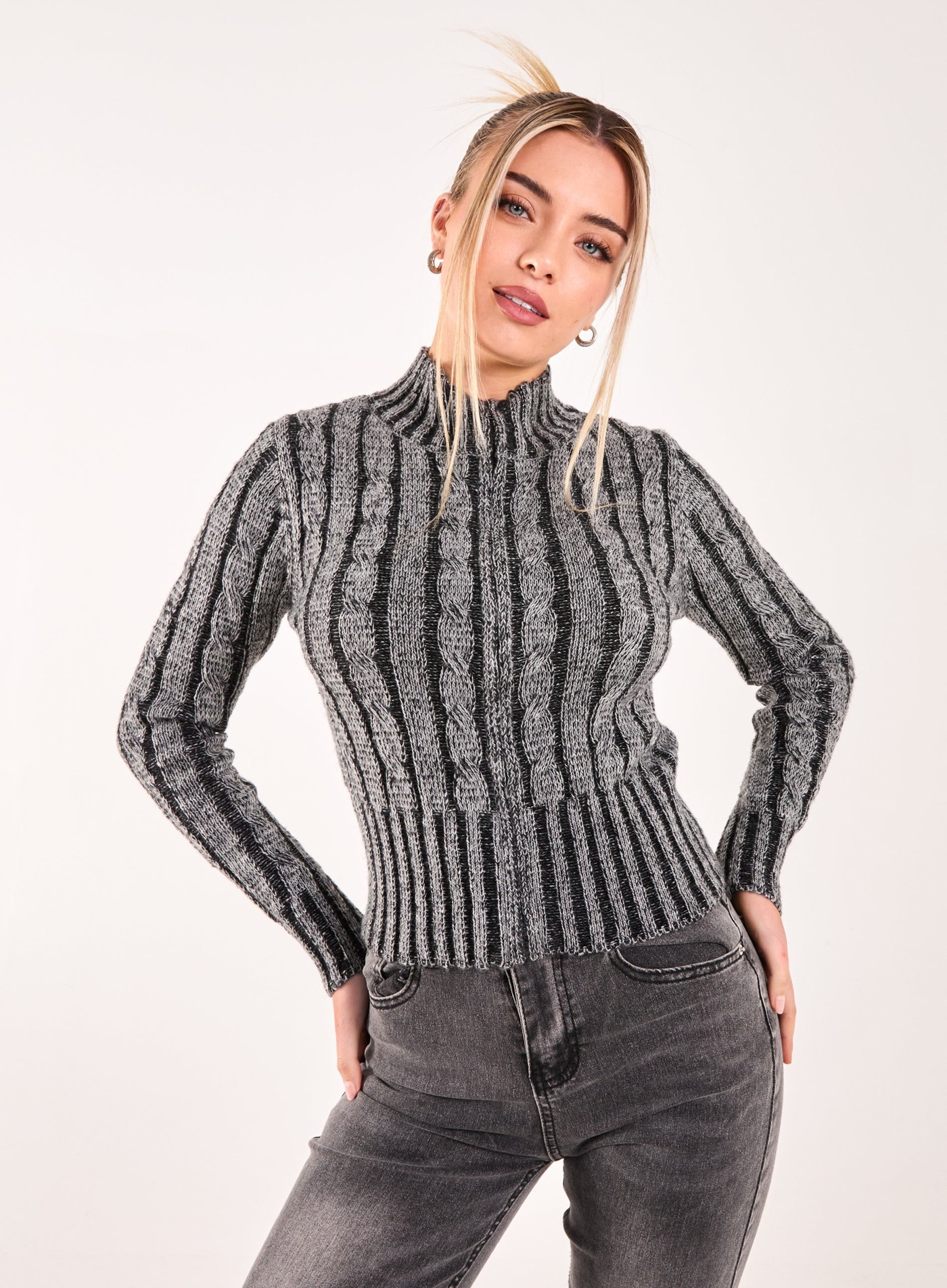 High Neck Zip Up Cable Knit