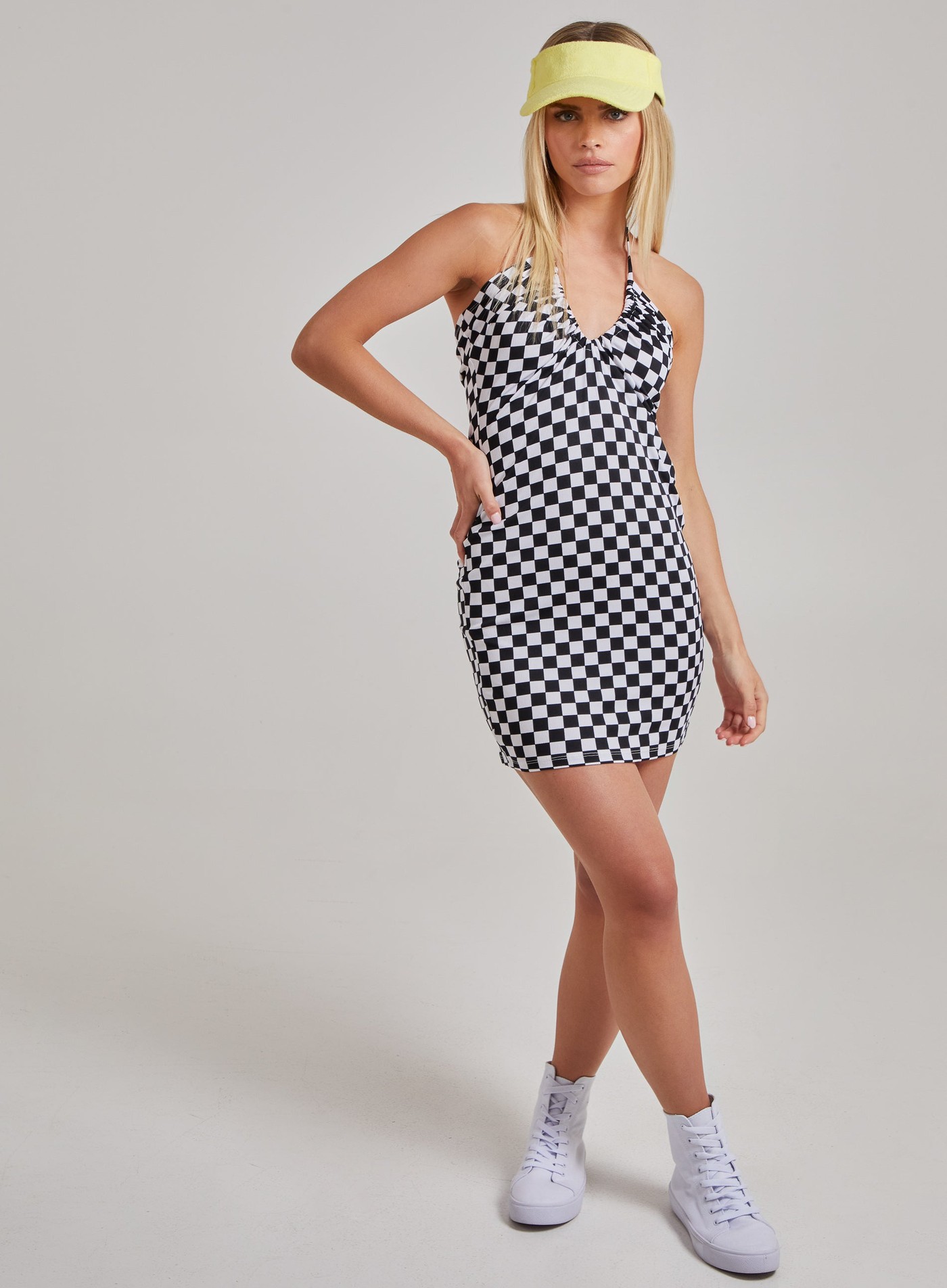 Halterneck Checkerboard Mini Dress